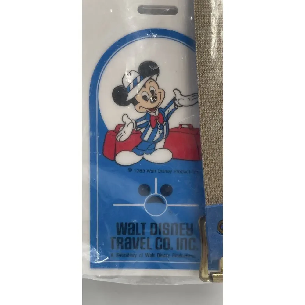 Vintage 1983 Disney Luggage Tag Walt Productions Travel Co Mickey Blue Strap NOS